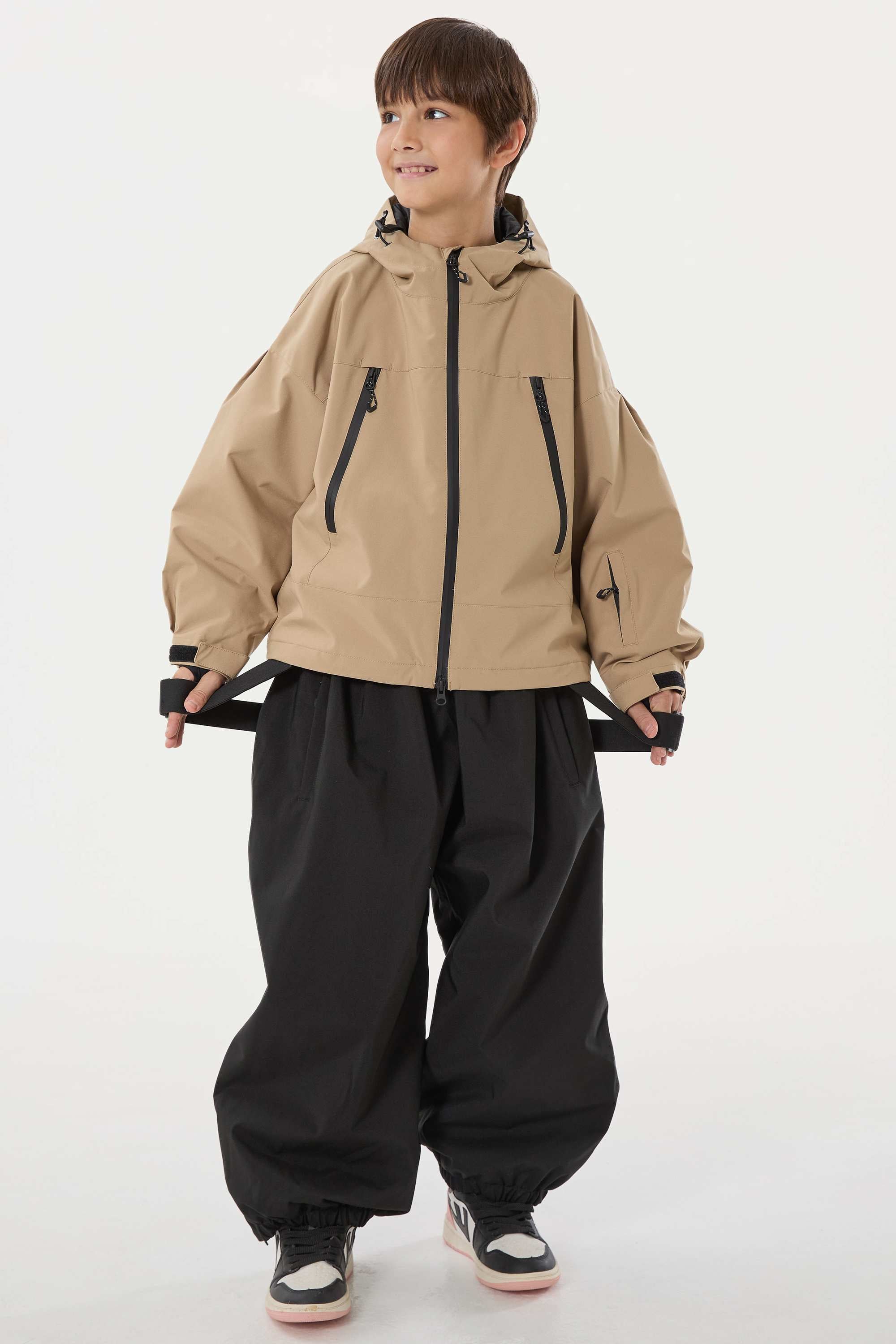 Boys Khaki Detachable-Hood Waterproof Insulated Ski Jacket Snow Jacket