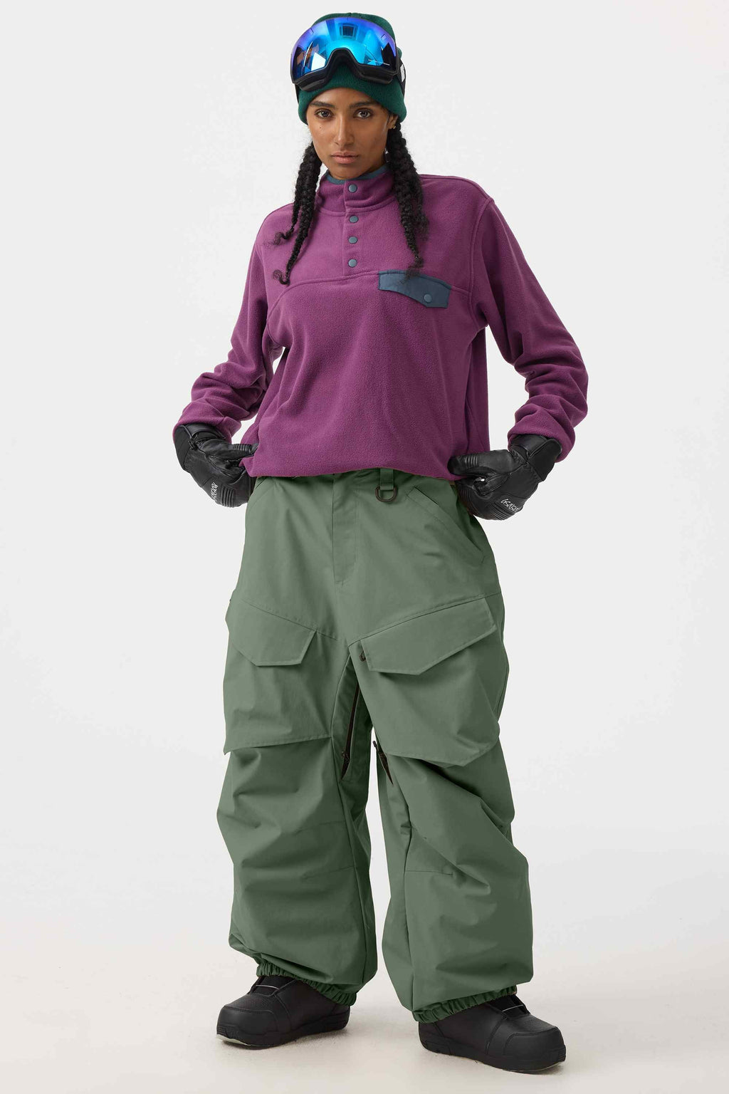 Women's Army Green Baggy Utility Ski Pants Wear-Resistant Snow Pants