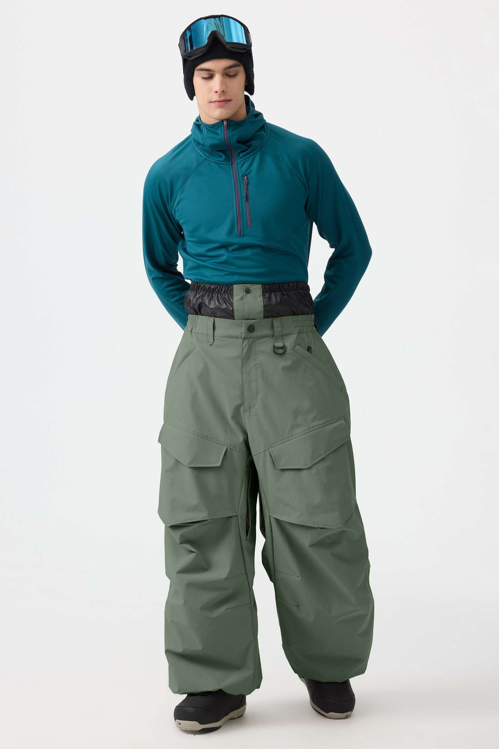Men's Black Baggy Utility Ski Pants Wear-Resistant Snow Pants