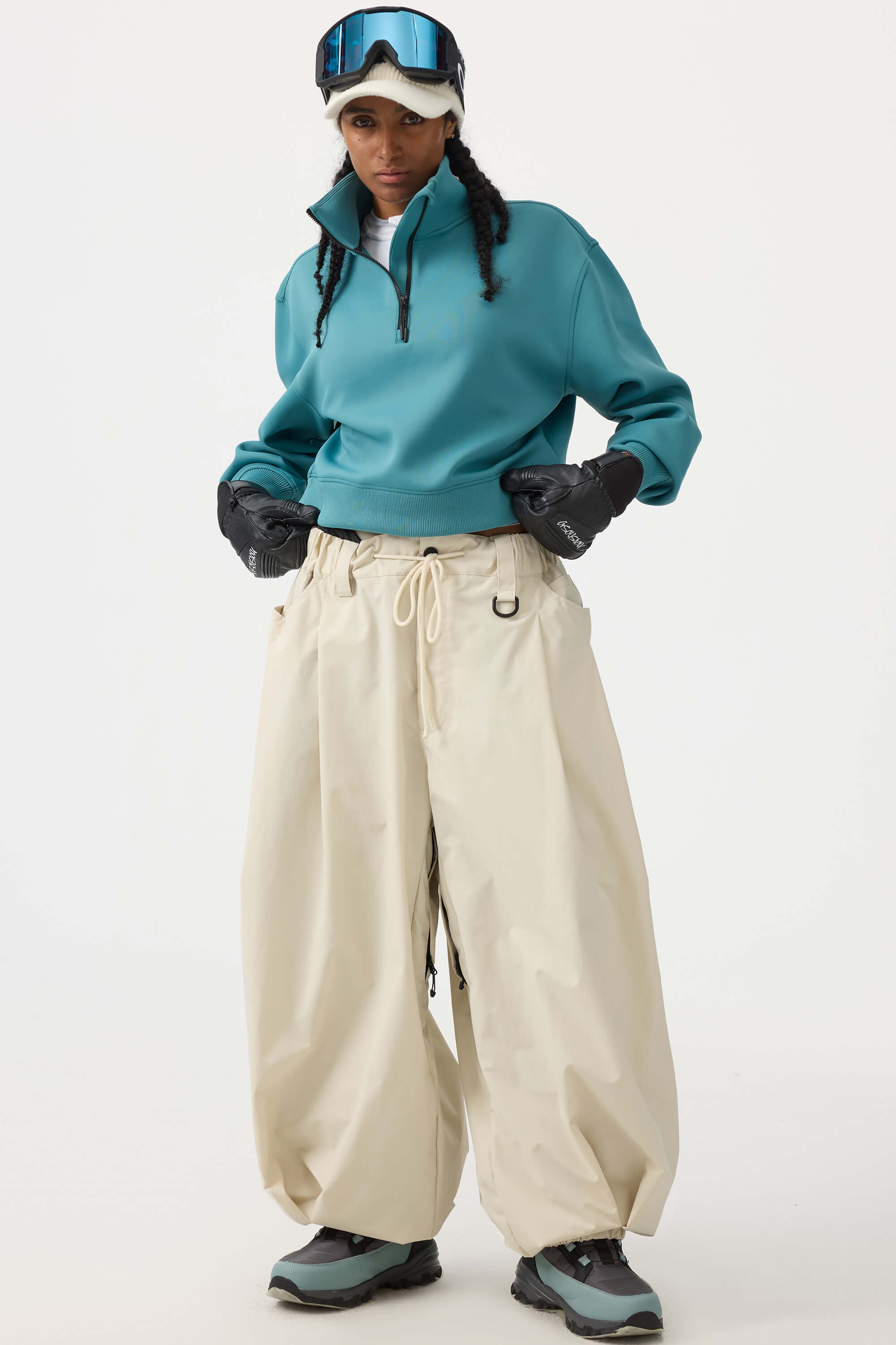 Women's Beige Drawstring Baggy Ski Pants Balloon Snow Pants