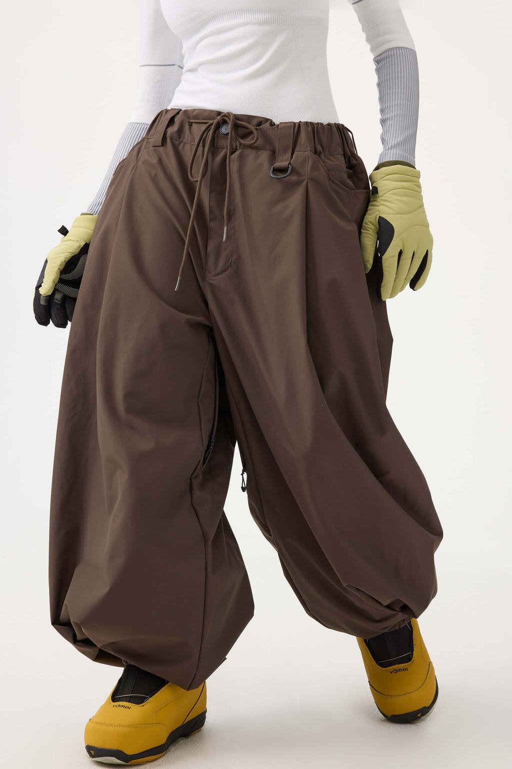 Women's Beige Drawstring Baggy Ski Pants Balloon Snow Pants