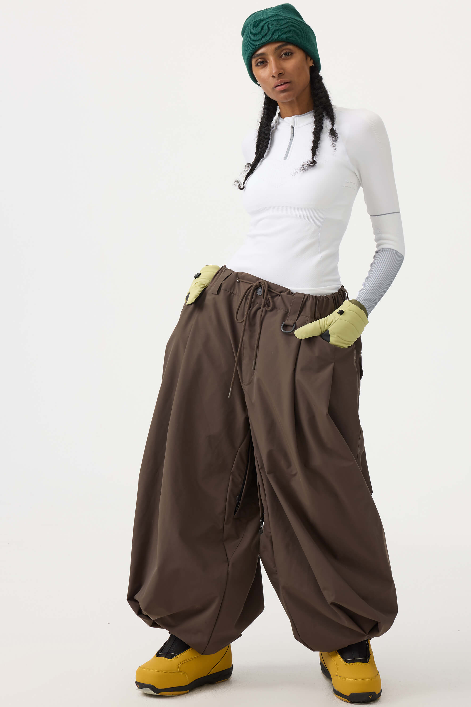 Women's Beige Drawstring Baggy Ski Pants Balloon Snow Pants