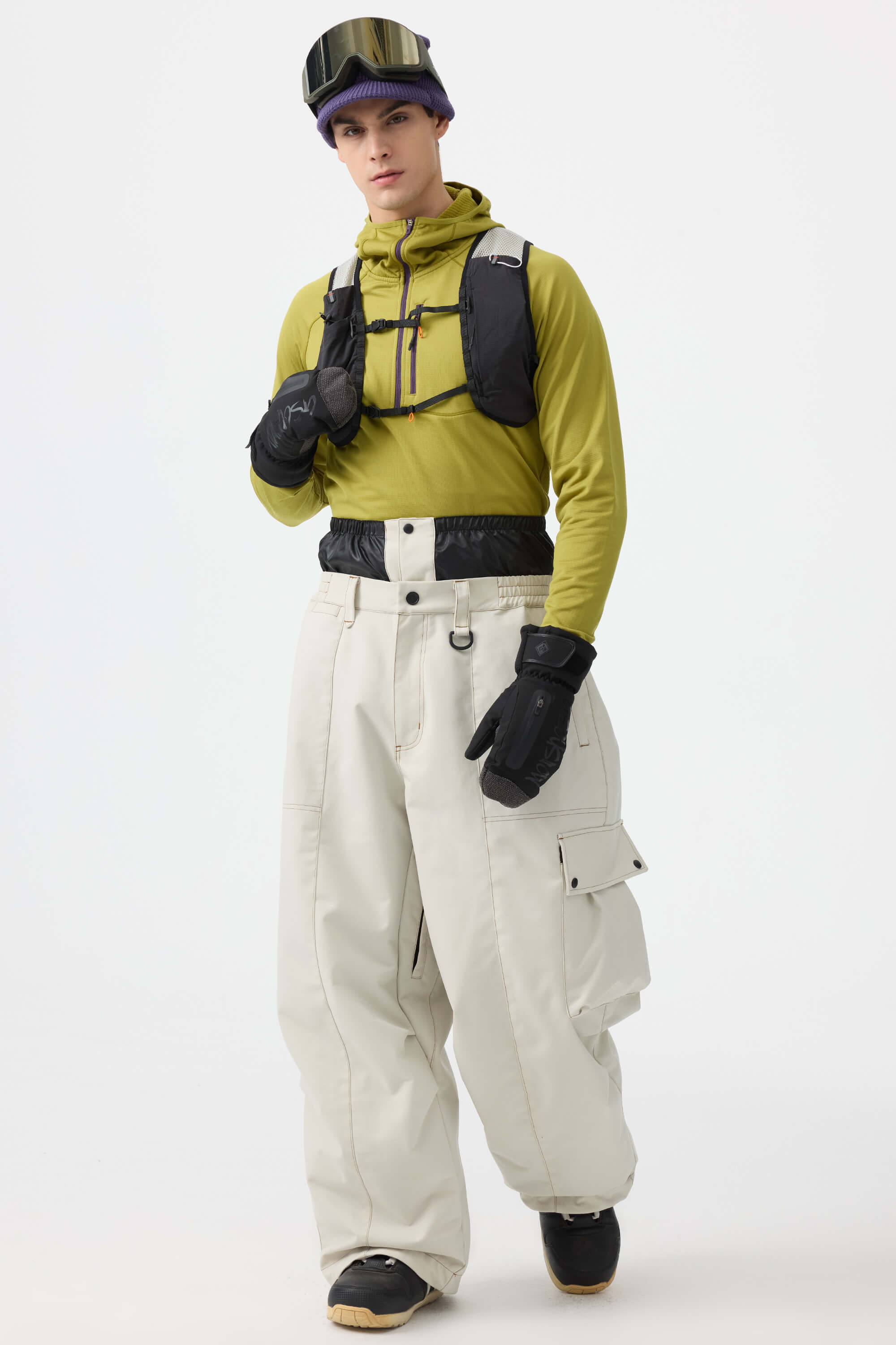 Men's Dark Brown Baggy Oxford Ski Pants Wear-Resistant Snow Pants