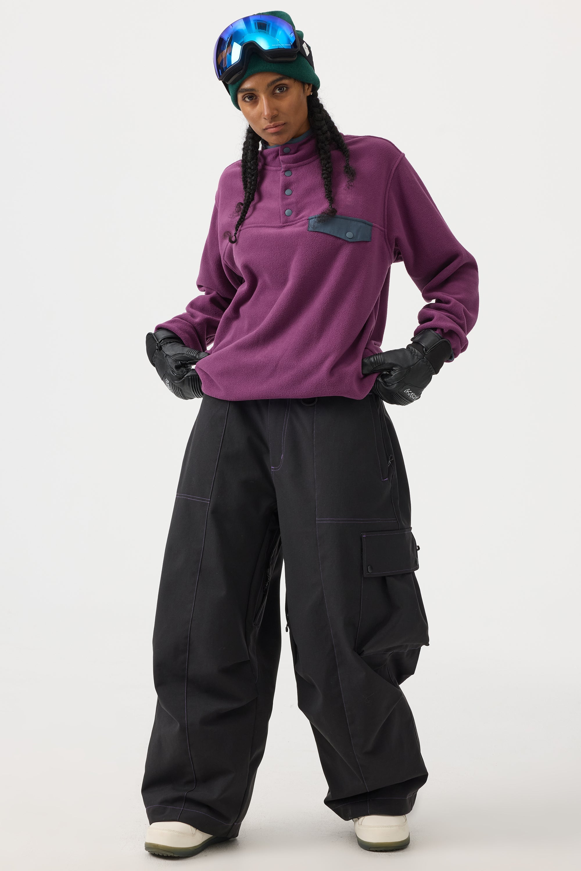 Women's Black Baggy Oxford Ski Pants Wear-Resistant Snow Pants