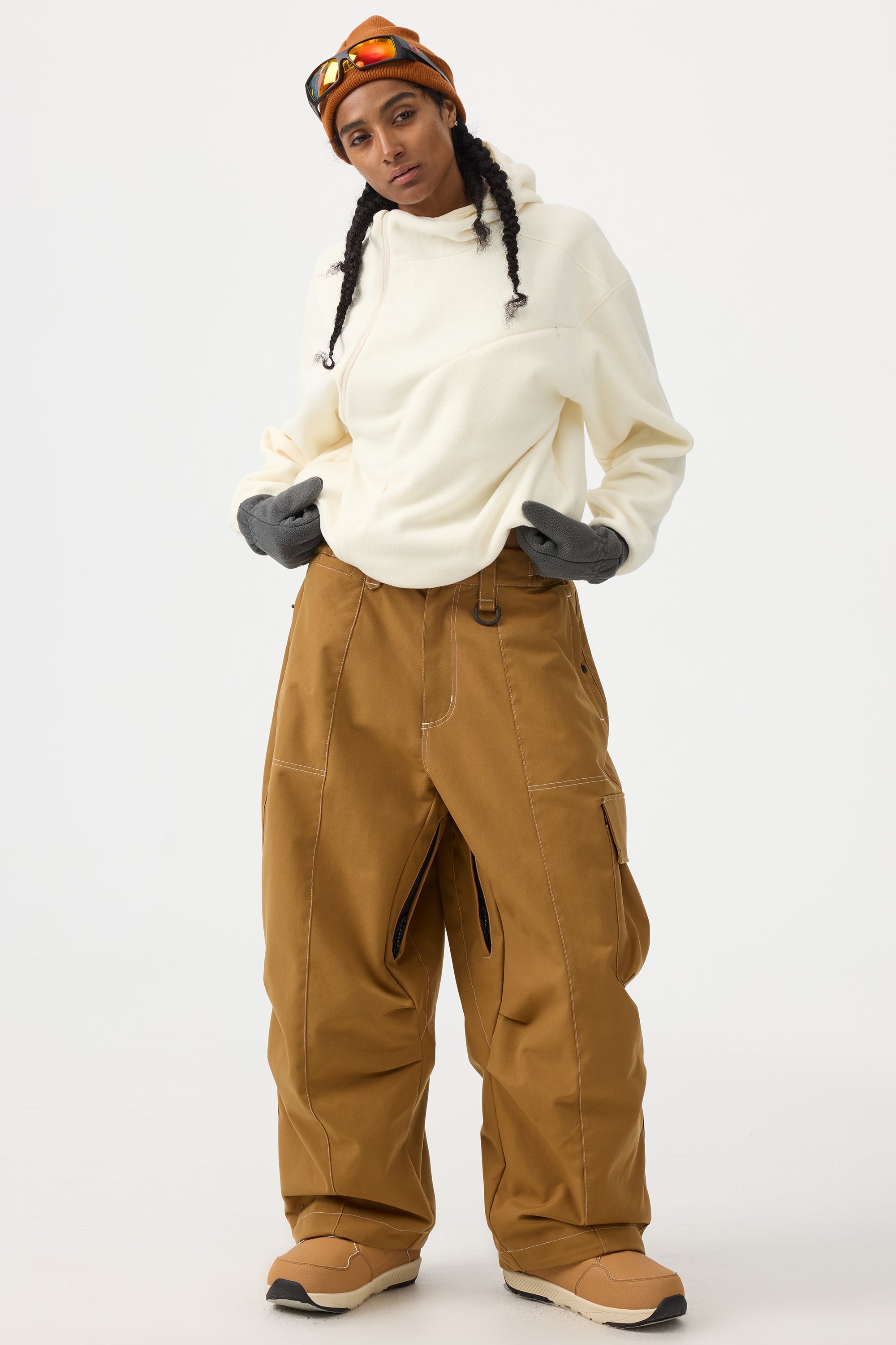 Women's Dark Brown Baggy Oxford Ski Pants Wear-Resistant Snow Pants