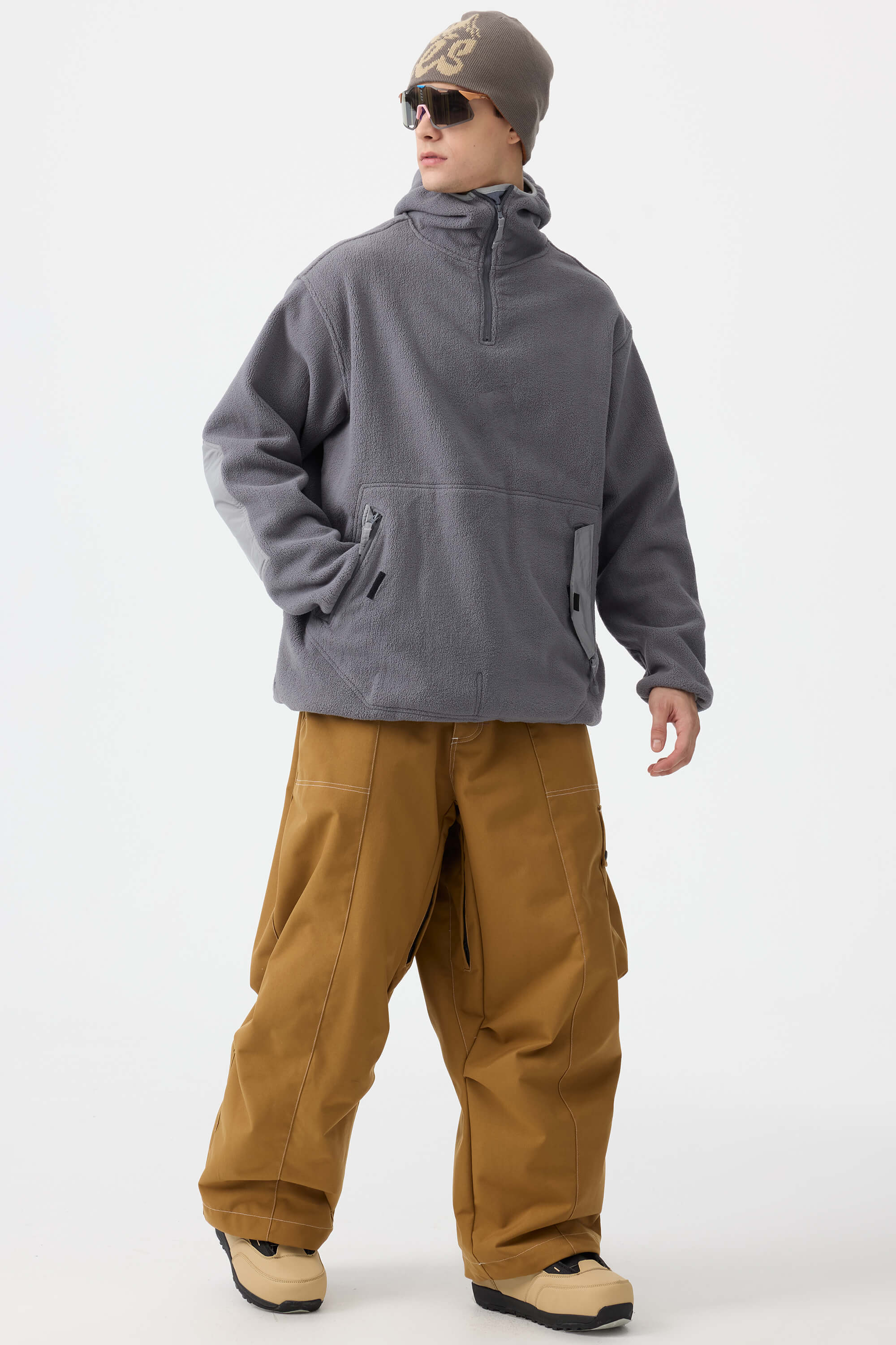 Men's Dark Brown Baggy Oxford Ski Pants Wear-Resistant Snow Pants