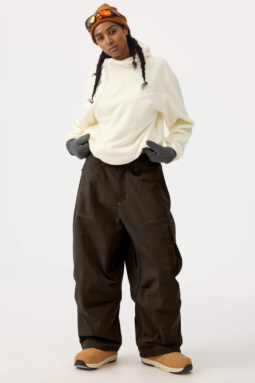 Women's Dark Brown Baggy Oxford Ski Pants Wear-Resistant Snow Pants