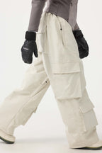 Women's Black Baggy Multi-Pocket Ski Pants Corduroy Snow Pants