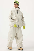 Men's Beige Baggy Multi-Pocket Ski Pants Corduroy Snow Pants