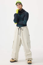 Men's Khaki Baggy Multi-Pocket Ski Pants Corduroy Snow Pants