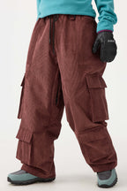 Women's Khaki Baggy Multi-Pocket Ski Pants Corduroy Snow Pants
