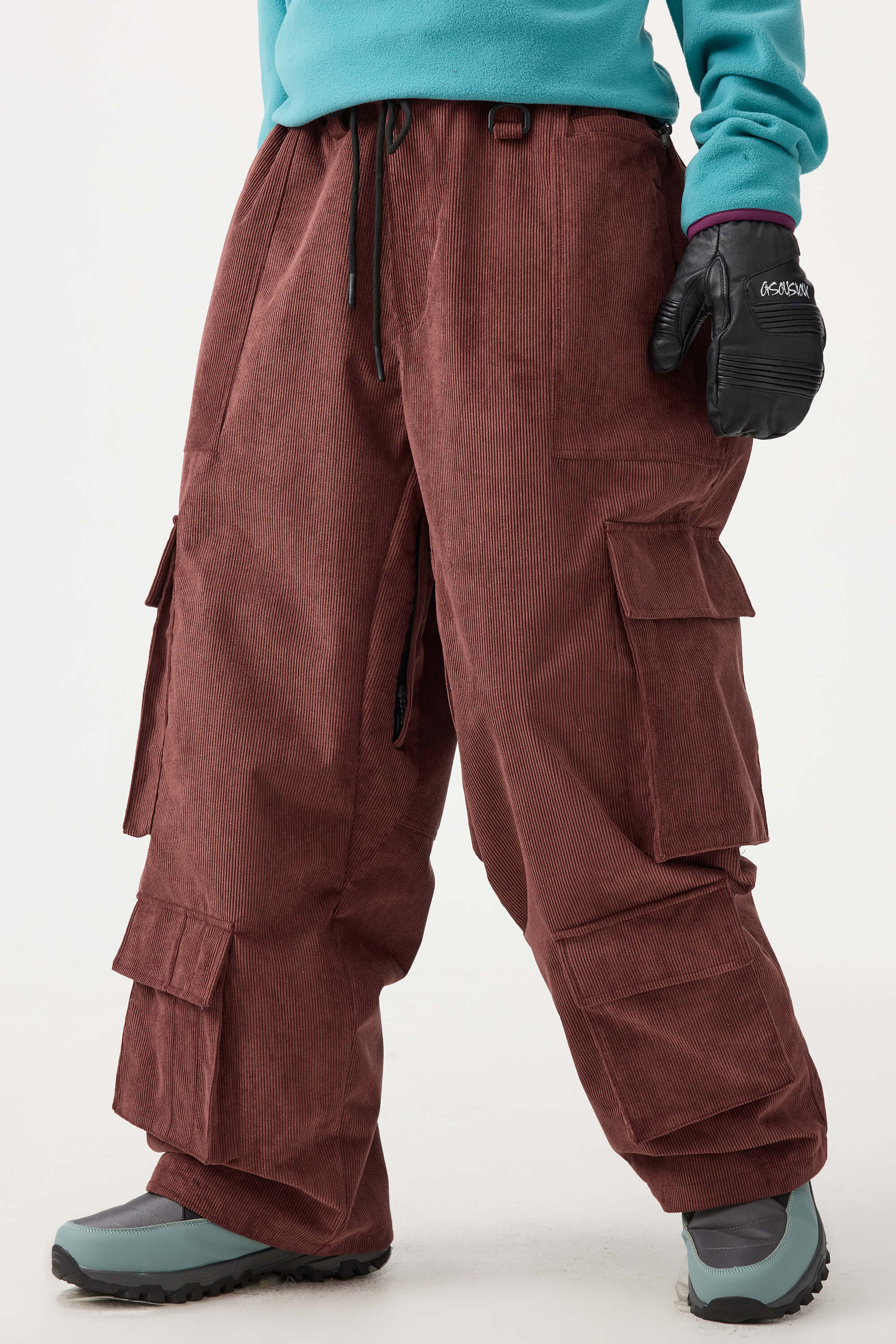 Women's Black Baggy Multi-Pocket Ski Pants Corduroy Snow Pants