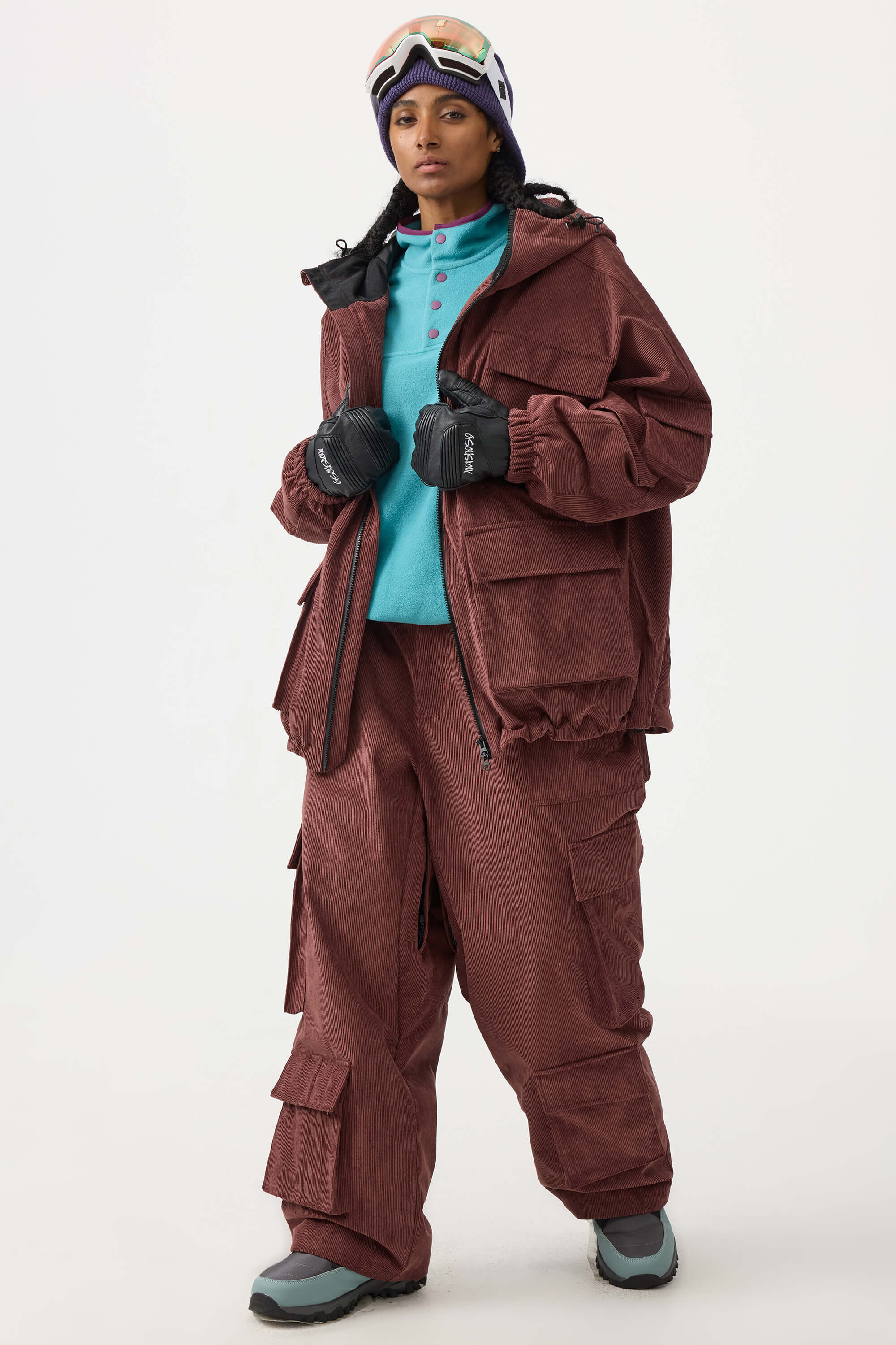 Women's Black Baggy Multi-Pocket Ski Pants Corduroy Snow Pants