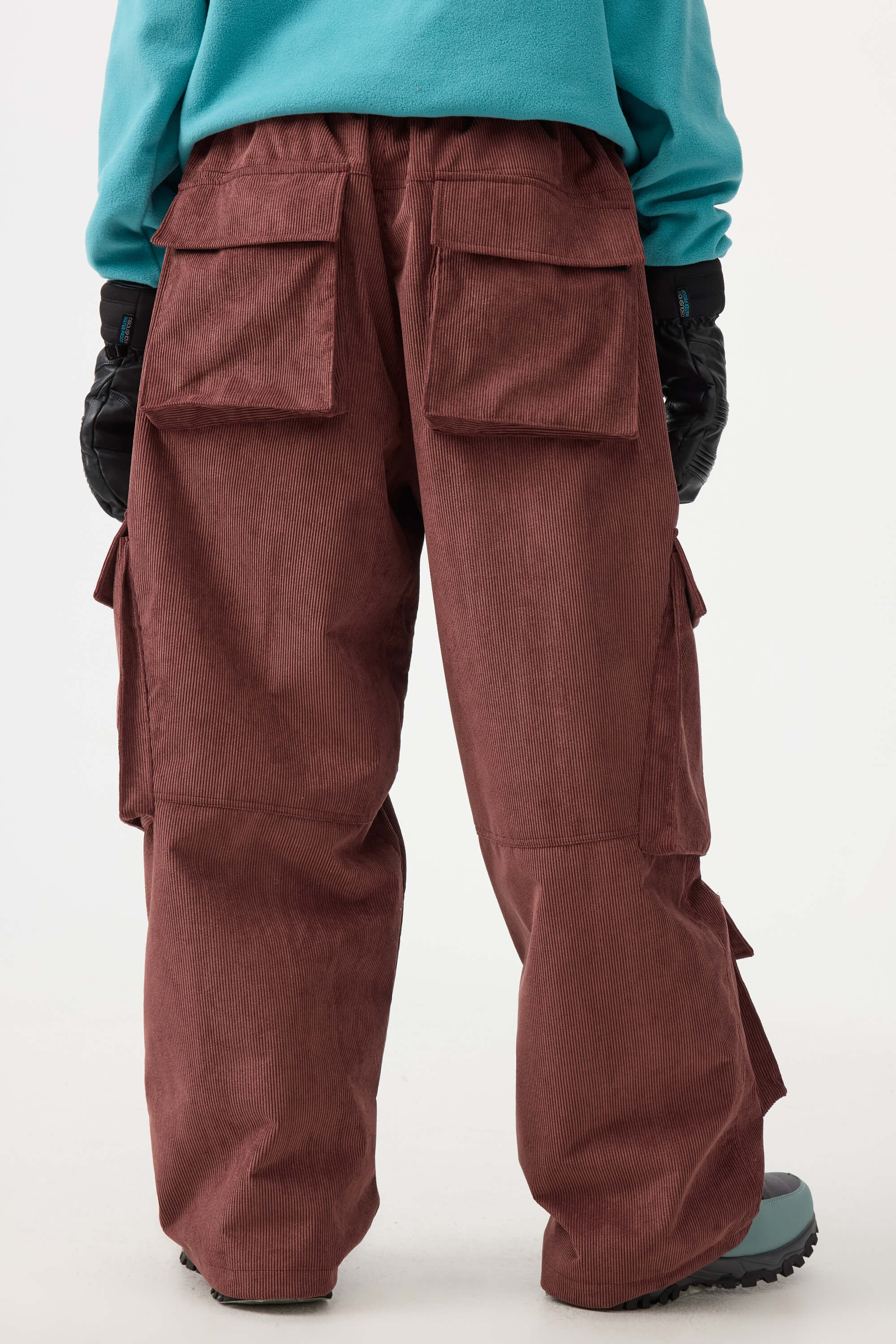 Women's Burgundy Baggy Multi-Pocket Ski Pants Corduroy Snow Pants