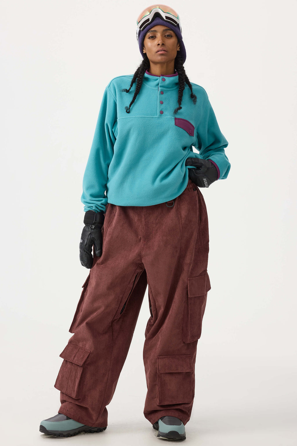 Women's Black Baggy Multi-Pocket Ski Pants Corduroy Snow Pants