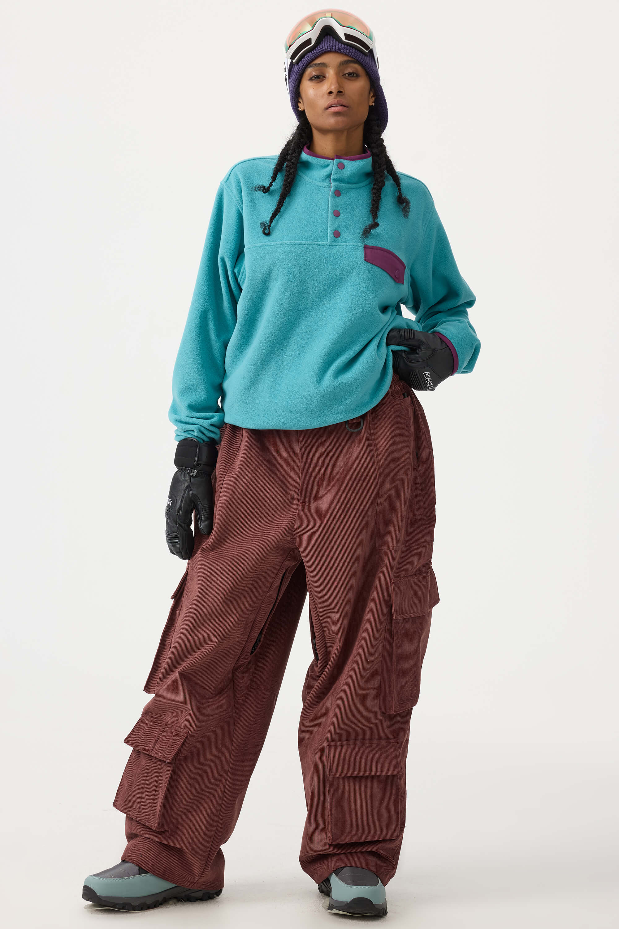 Women's Black Baggy Multi-Pocket Ski Pants Corduroy Snow Pants