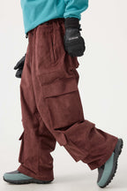 Women's Khaki Baggy Multi-Pocket Ski Pants Corduroy Snow Pants