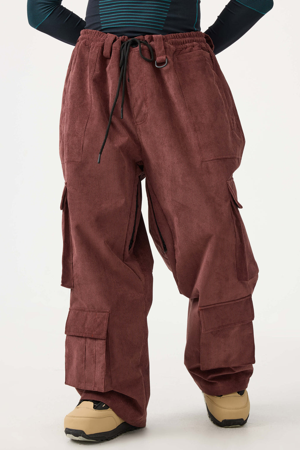Men's Khaki Baggy Multi-Pocket Ski Pants Corduroy Snow Pants