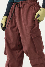 Men's Khaki Baggy Multi-Pocket Ski Pants Corduroy Snow Pants