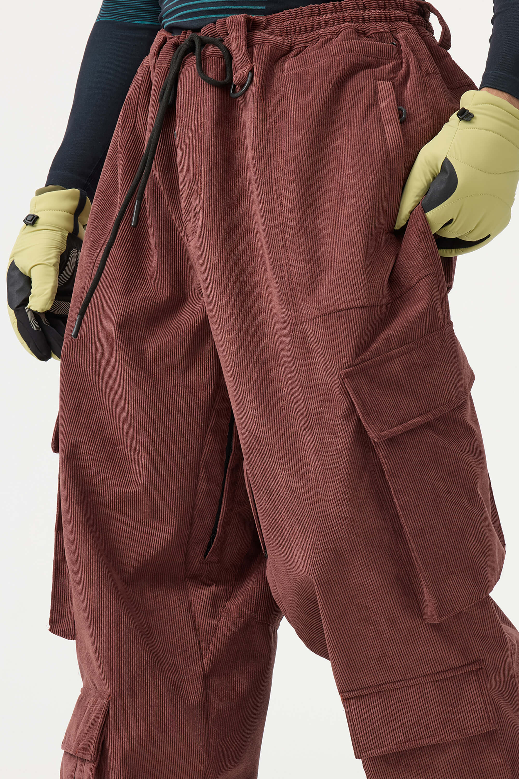 Men's Khaki Baggy Multi-Pocket Ski Pants Corduroy Snow Pants