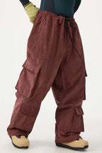 Men's Burgundy Baggy Multi-Pocket Ski Pants Corduroy Snow Pants