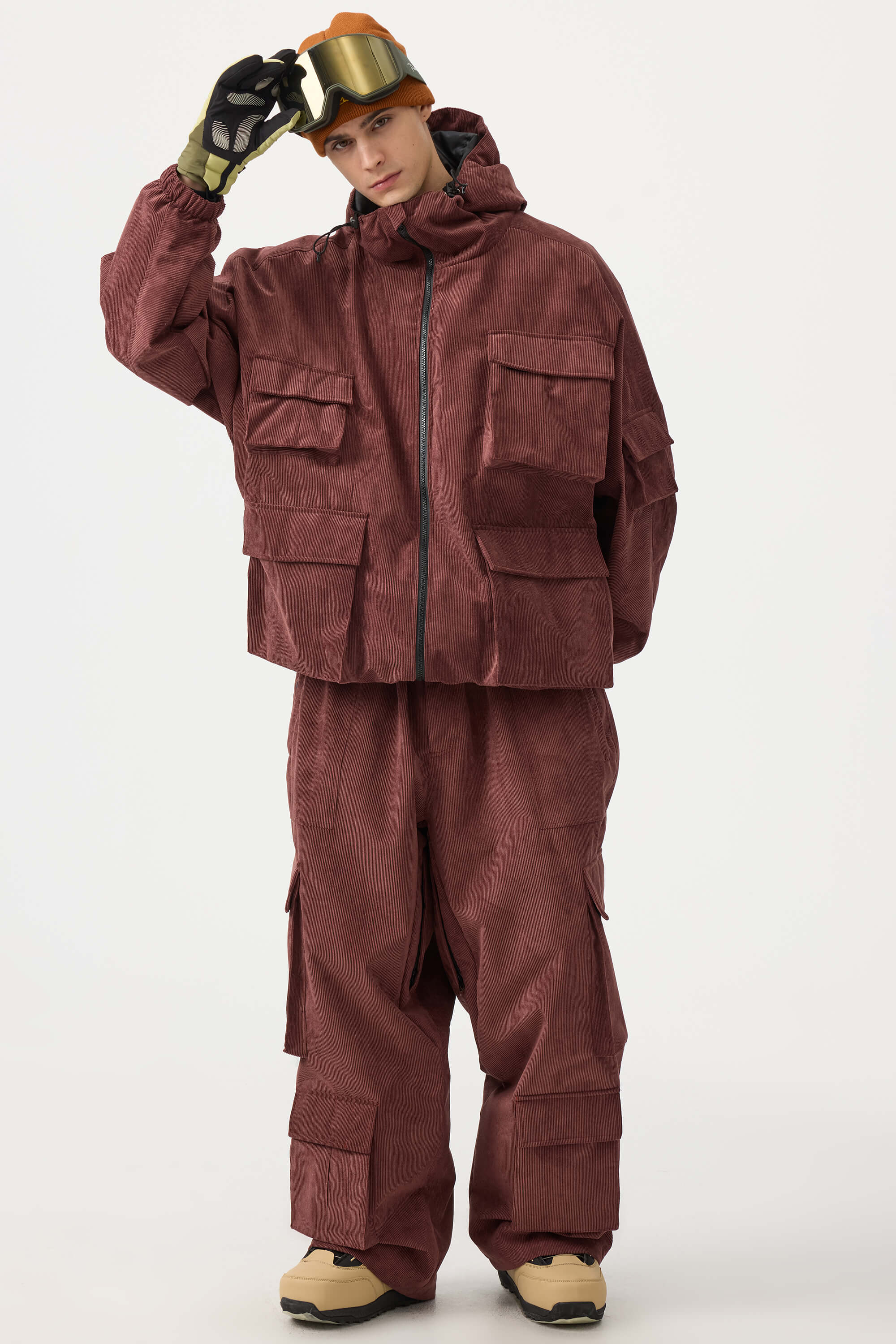 Men's Khaki Baggy Multi-Pocket Ski Pants Corduroy Snow Pants