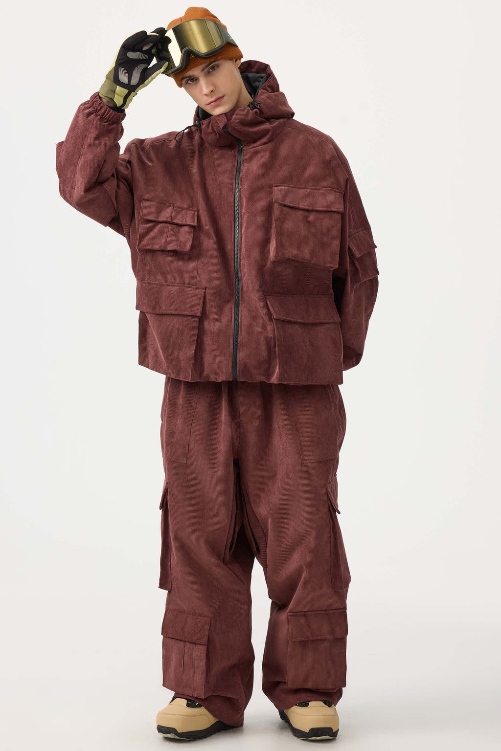 Men's Burgundy Baggy Multi-Pocket Ski Pants Corduroy Snow Pants