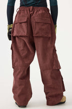 Men's Burgundy Baggy Multi-Pocket Ski Pants Corduroy Snow Pants