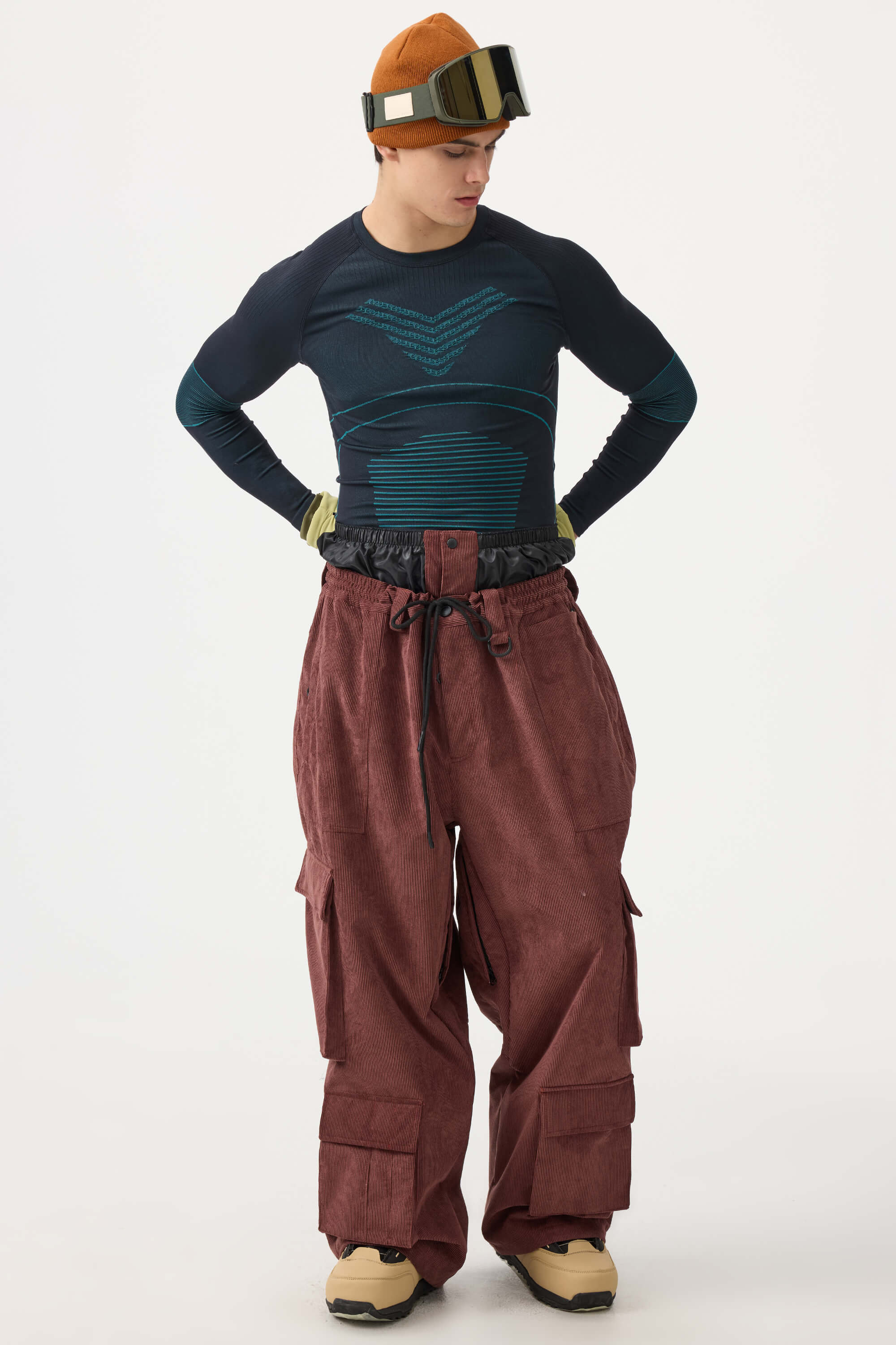 Men's Black Baggy Multi-Pocket Ski Pants Corduroy Snow Pants
