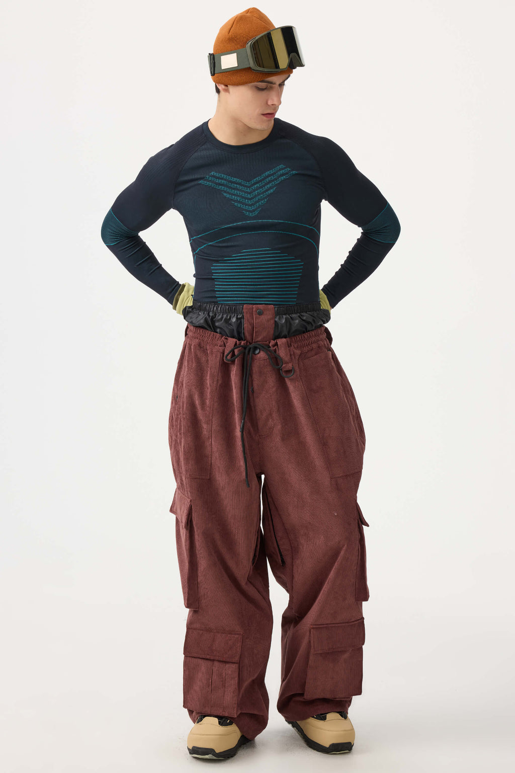 Men's Khaki Baggy Multi-Pocket Ski Pants Corduroy Snow Pants