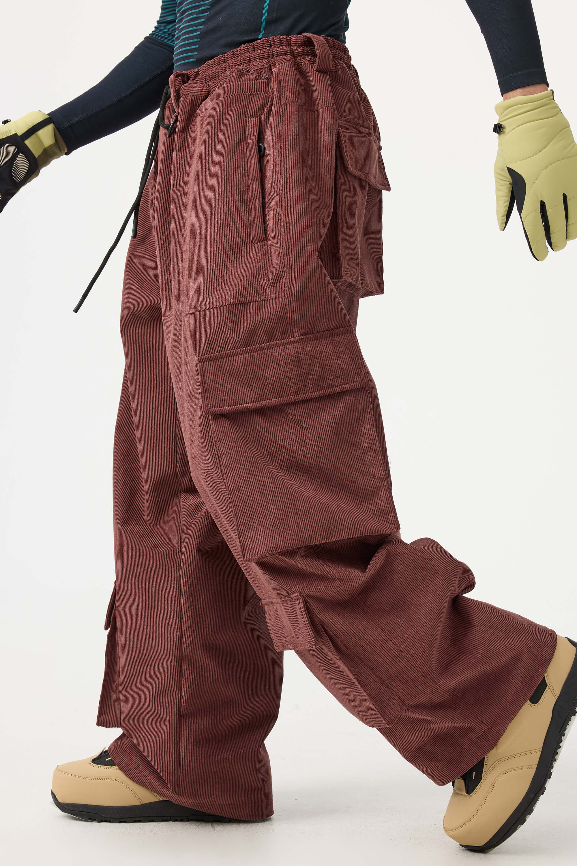 Men's Khaki Baggy Multi-Pocket Ski Pants Corduroy Snow Pants