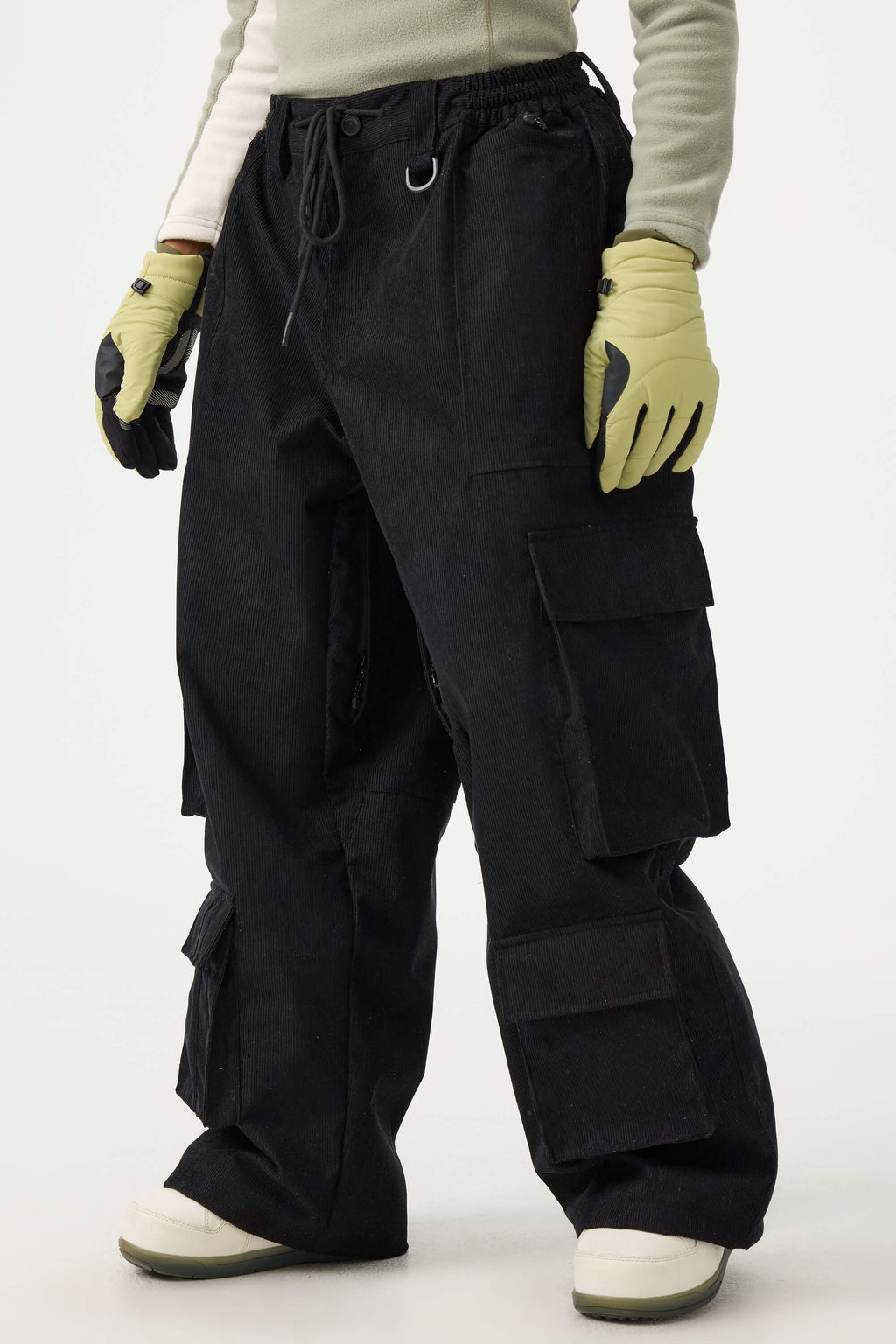 Women's Black Baggy Multi-Pocket Ski Pants Corduroy Snow Pants