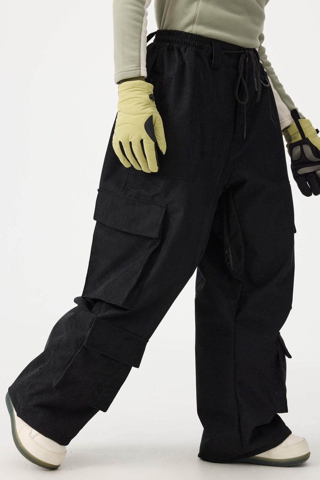 Women's Khaki Baggy Multi-Pocket Ski Pants Corduroy Snow Pants