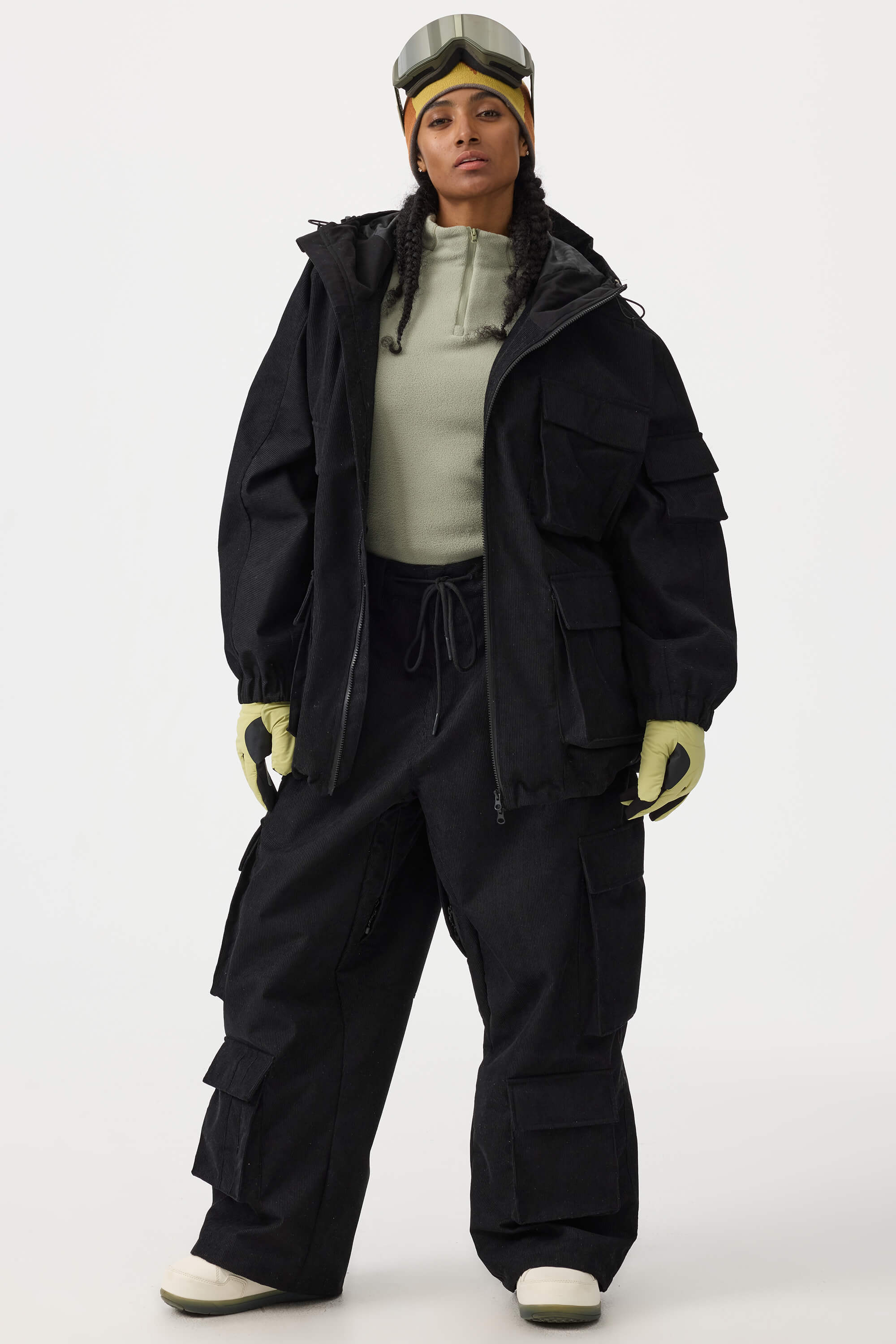 Women's Black Baggy Multi-Pocket Ski Pants Corduroy Snow Pants