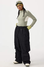 Women's Black Baggy Multi-Pocket Ski Pants Corduroy Snow Pants
