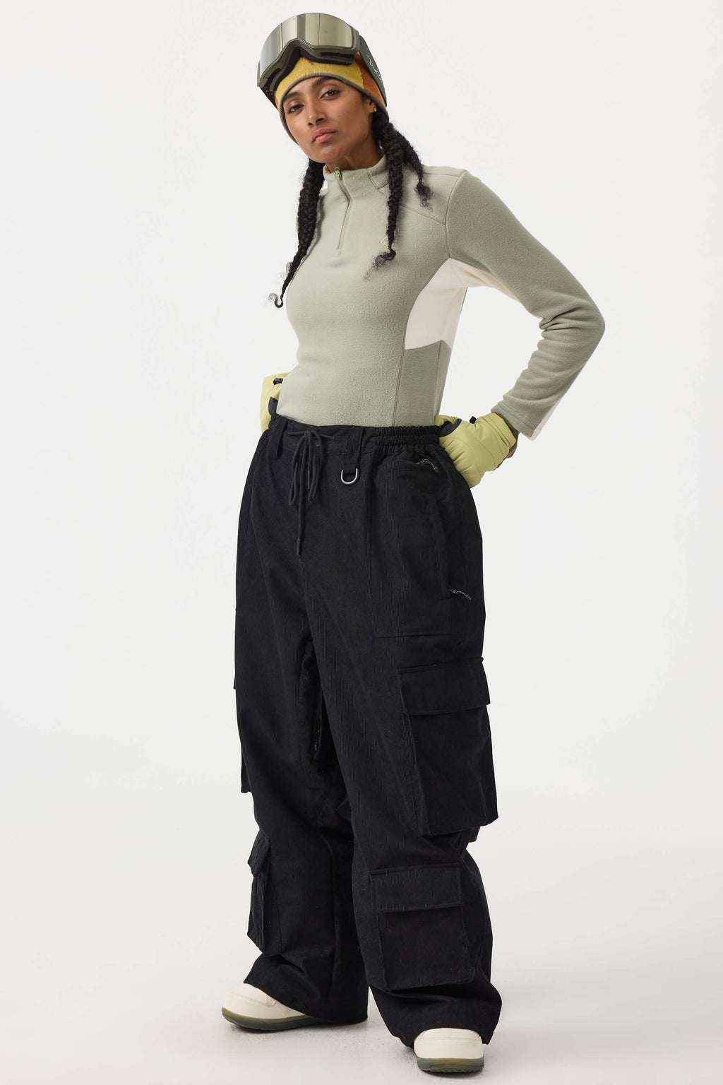 Women's Beige Baggy Multi-Pocket Ski Pants Corduroy Snow Pants