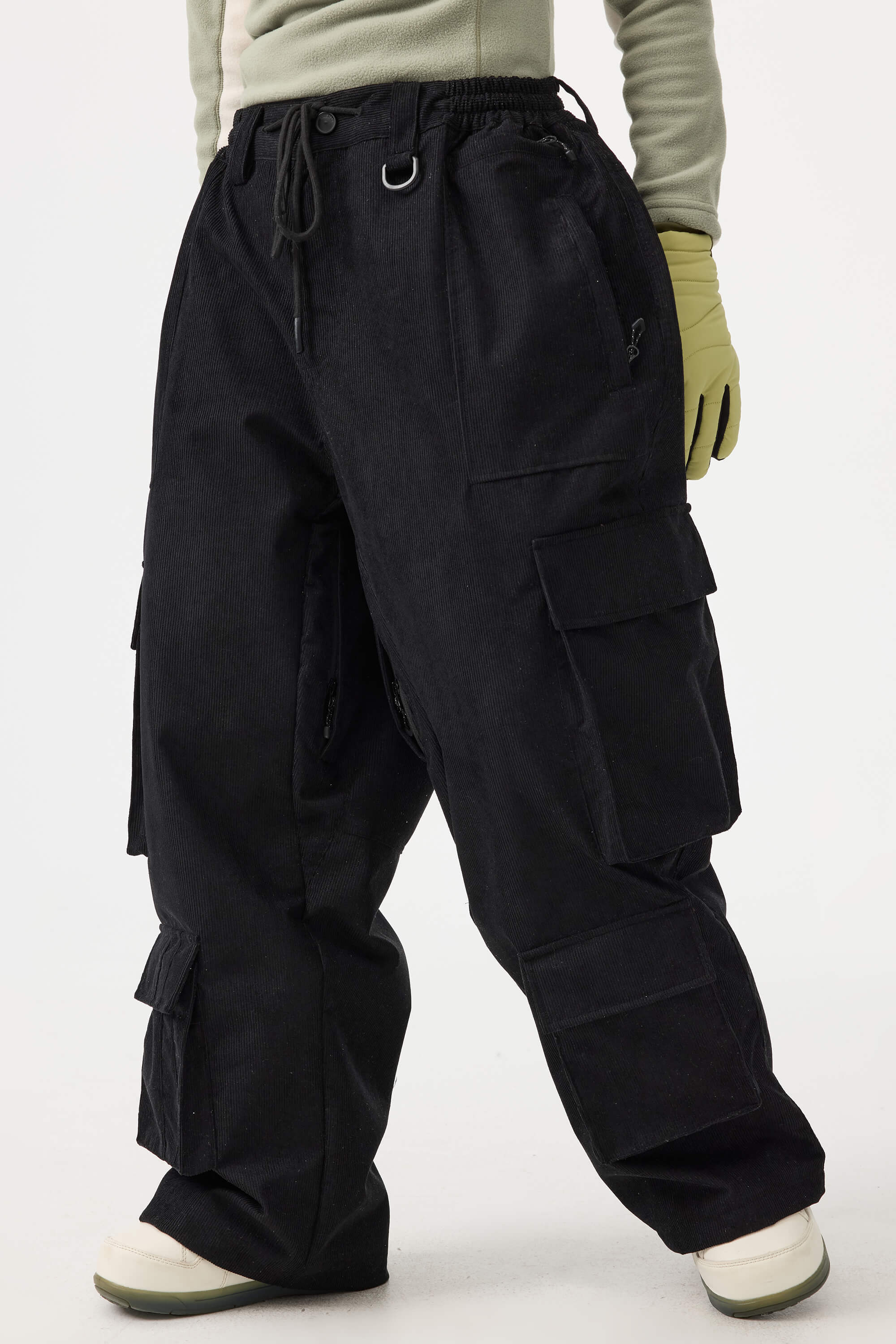 Women's Black Baggy Multi-Pocket Ski Pants Corduroy Snow Pants