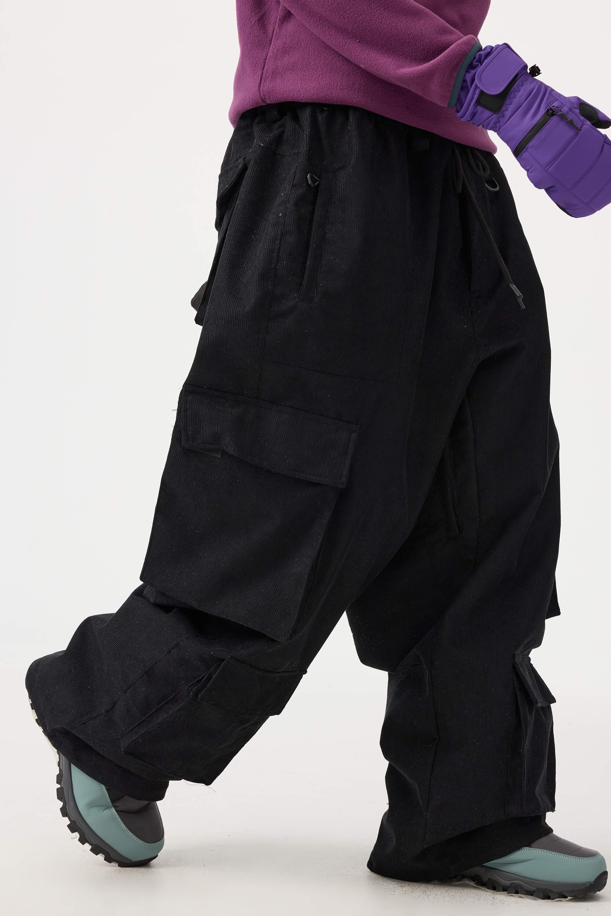 Men's Beige Baggy Multi-Pocket Ski Pants Corduroy Snow Pants