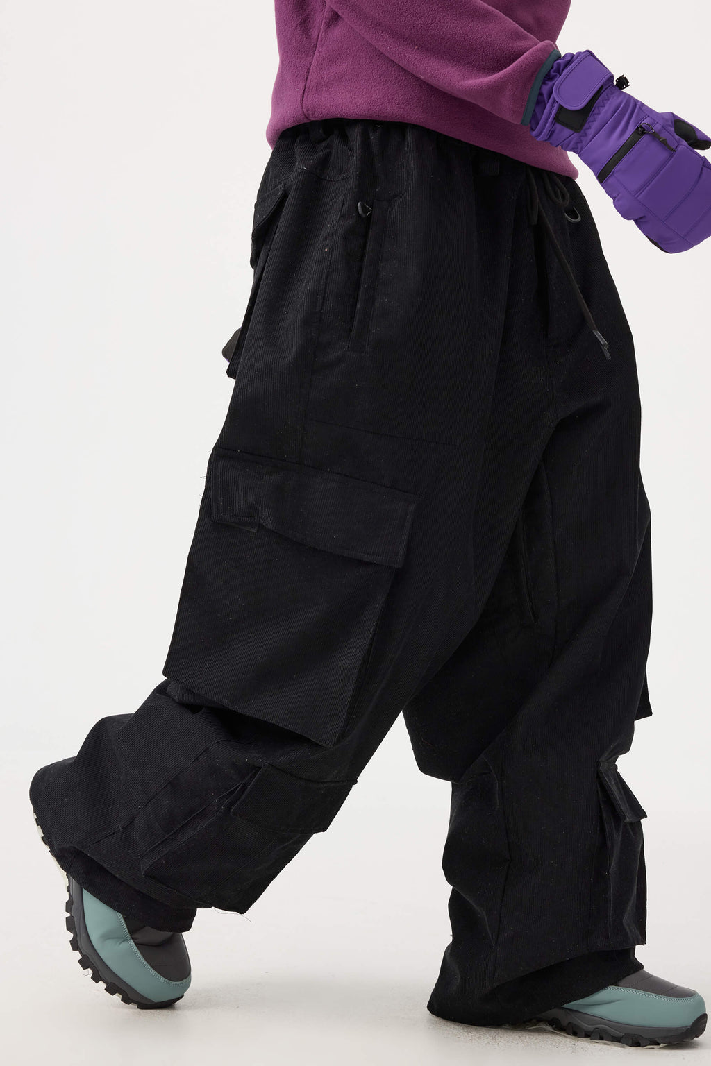 Men's Black Baggy Multi-Pocket Ski Pants Corduroy Snow Pants