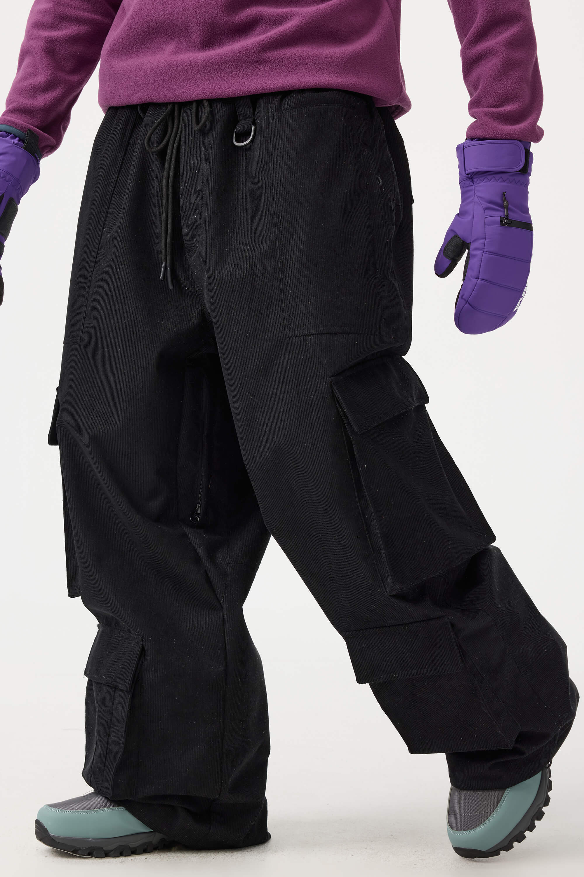 Men's Khaki Baggy Multi-Pocket Ski Pants Corduroy Snow Pants