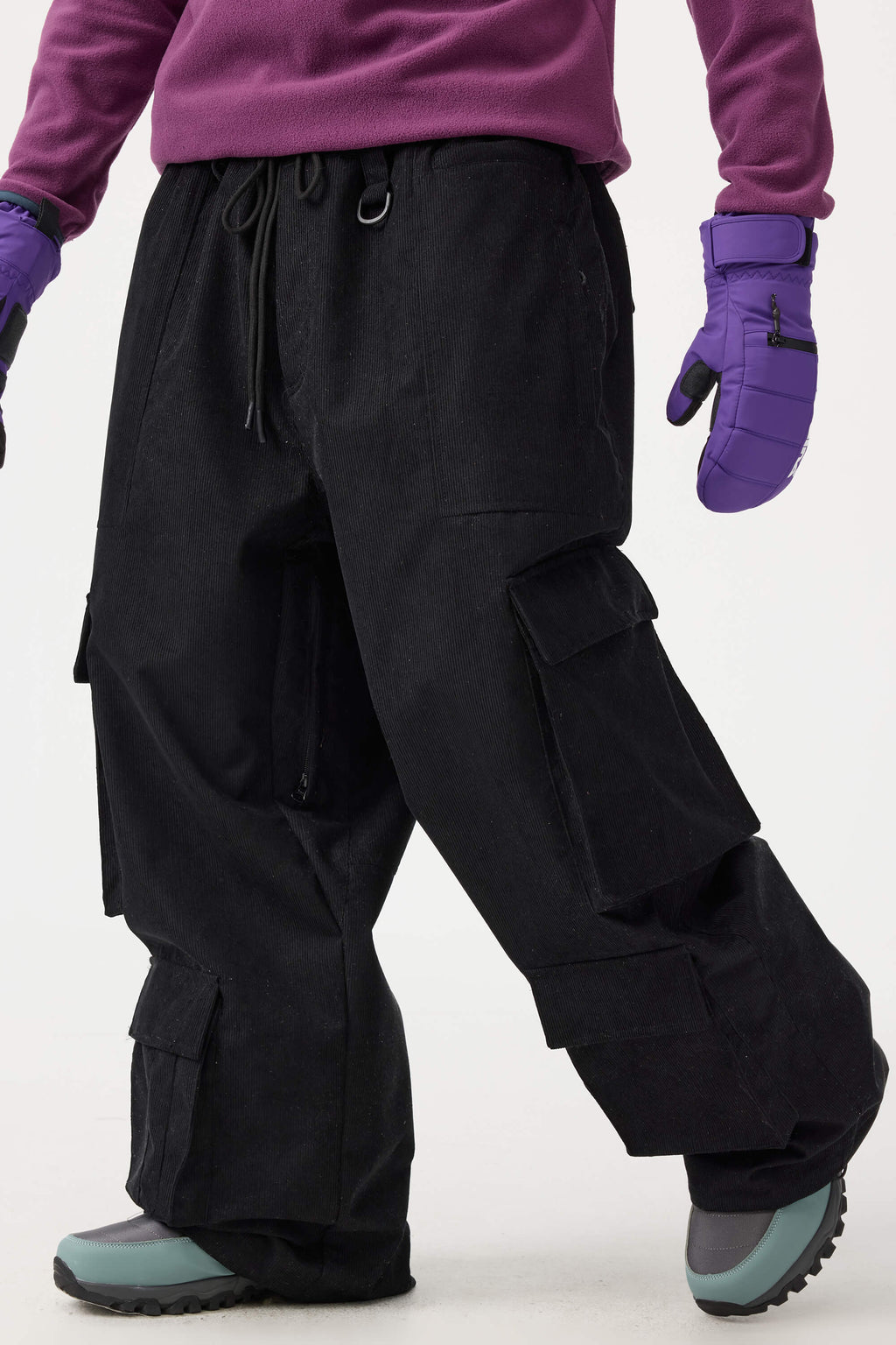 Men's Black Baggy Multi-Pocket Ski Pants Corduroy Snow Pants