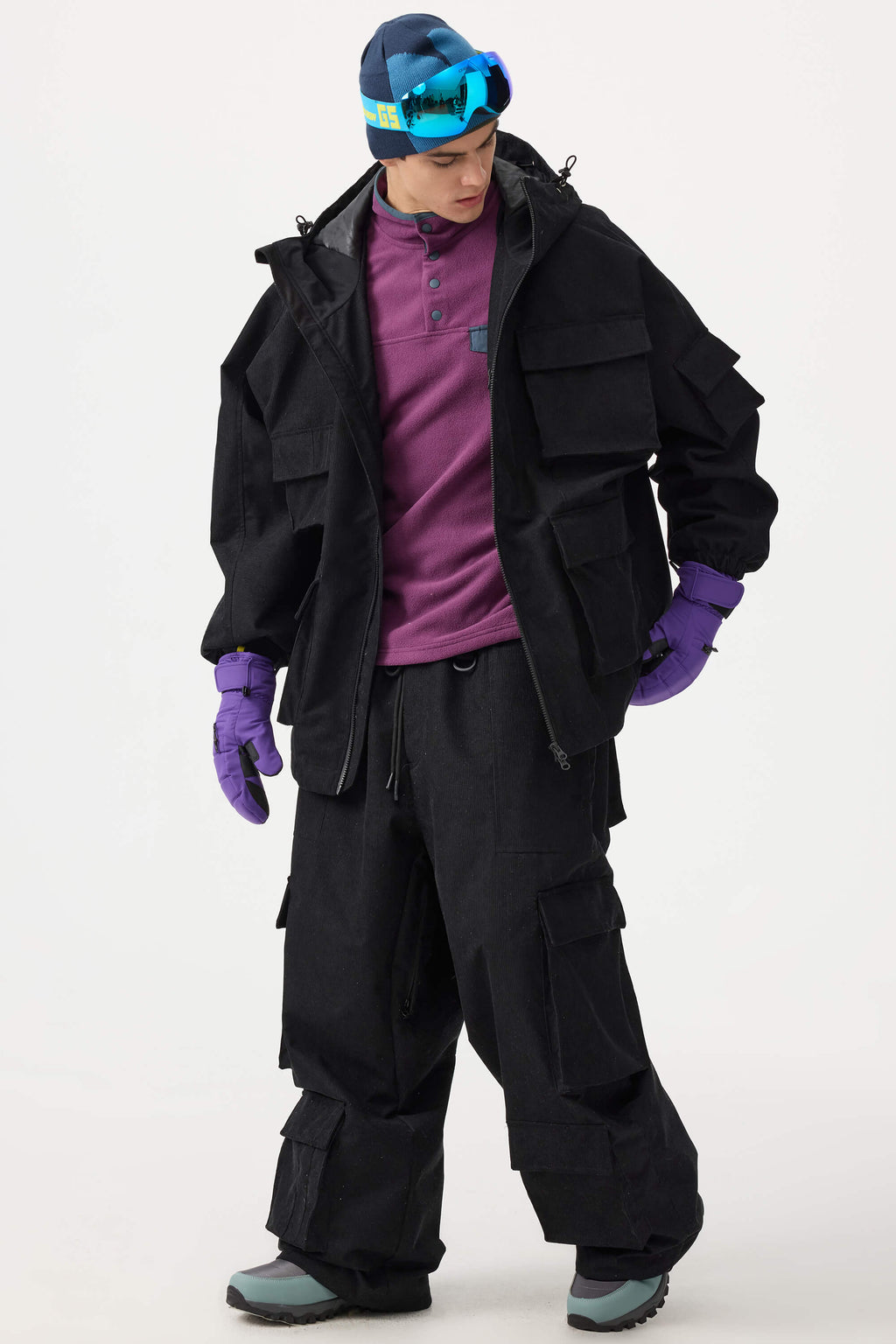 Men's Khaki Baggy Multi-Pocket Ski Pants Corduroy Snow Pants
