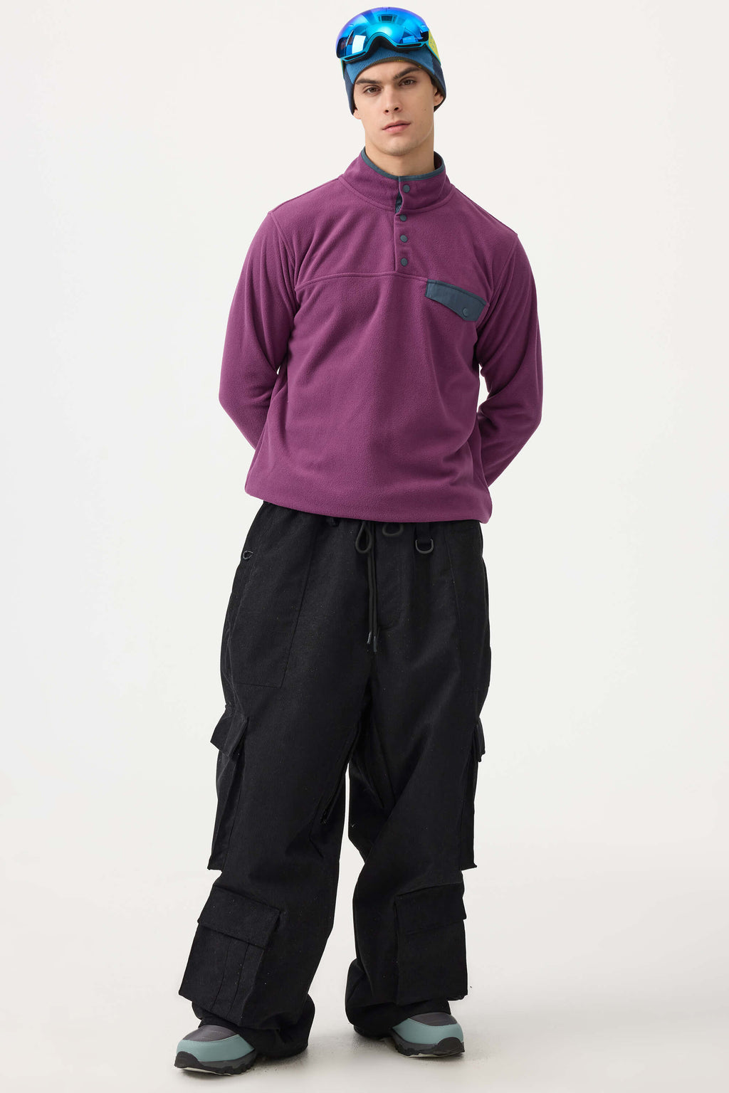 Men's Khaki Baggy Multi-Pocket Ski Pants Corduroy Snow Pants