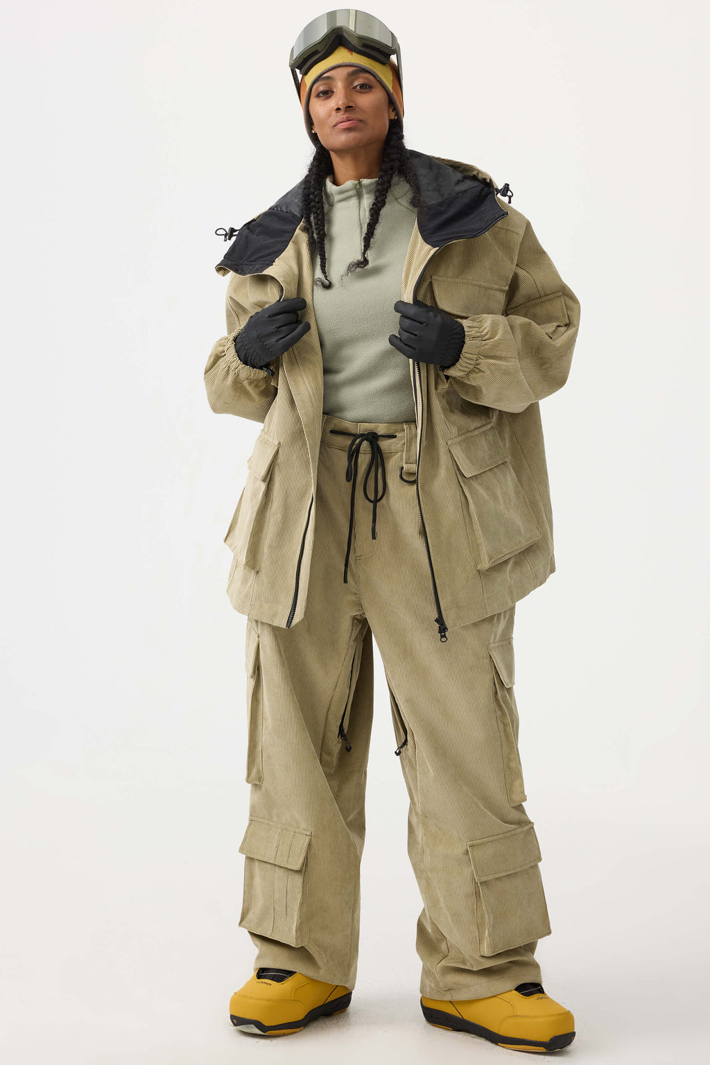 Women's Burgundy Baggy Multi-Pocket Ski Pants Corduroy Snow Pants