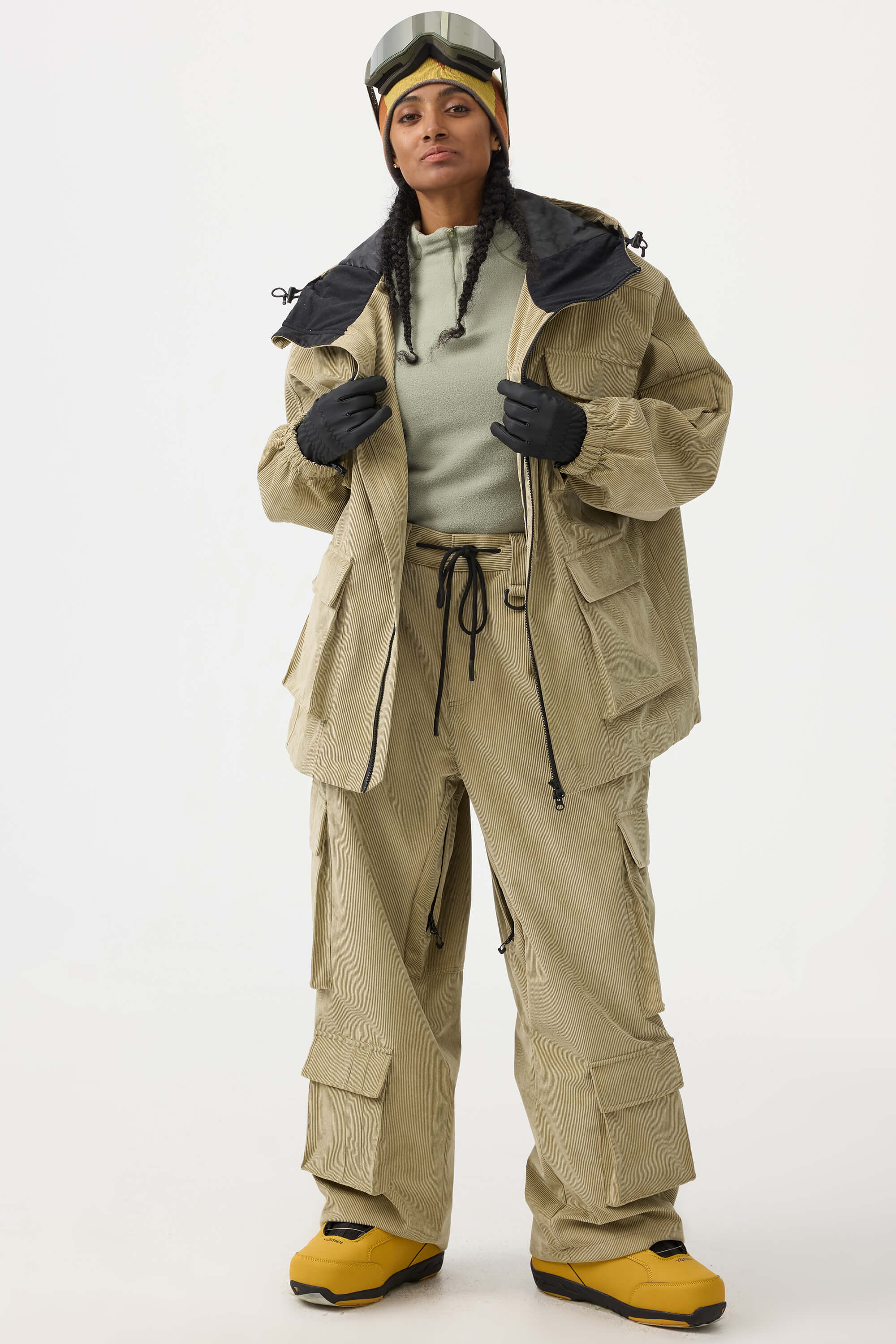Women's Burgundy Baggy Multi-Pocket Ski Pants Corduroy Snow Pants