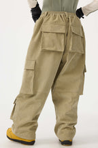 Women's Beige Baggy Multi-Pocket Ski Pants Corduroy Snow Pants