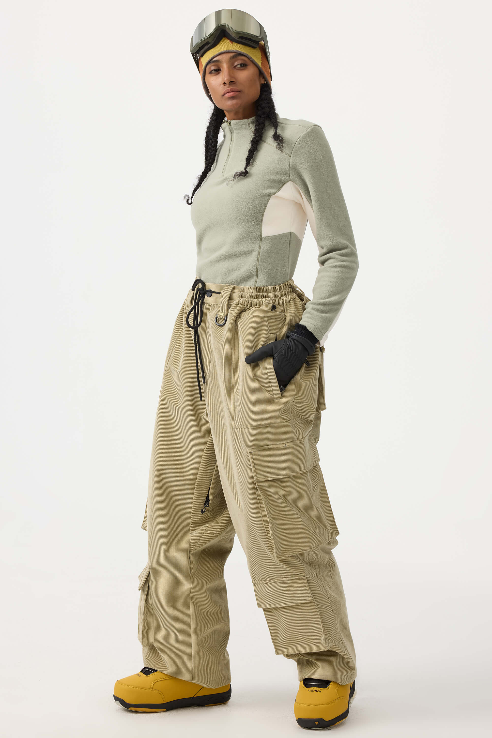 Women's Black Baggy Multi-Pocket Ski Pants Corduroy Snow Pants