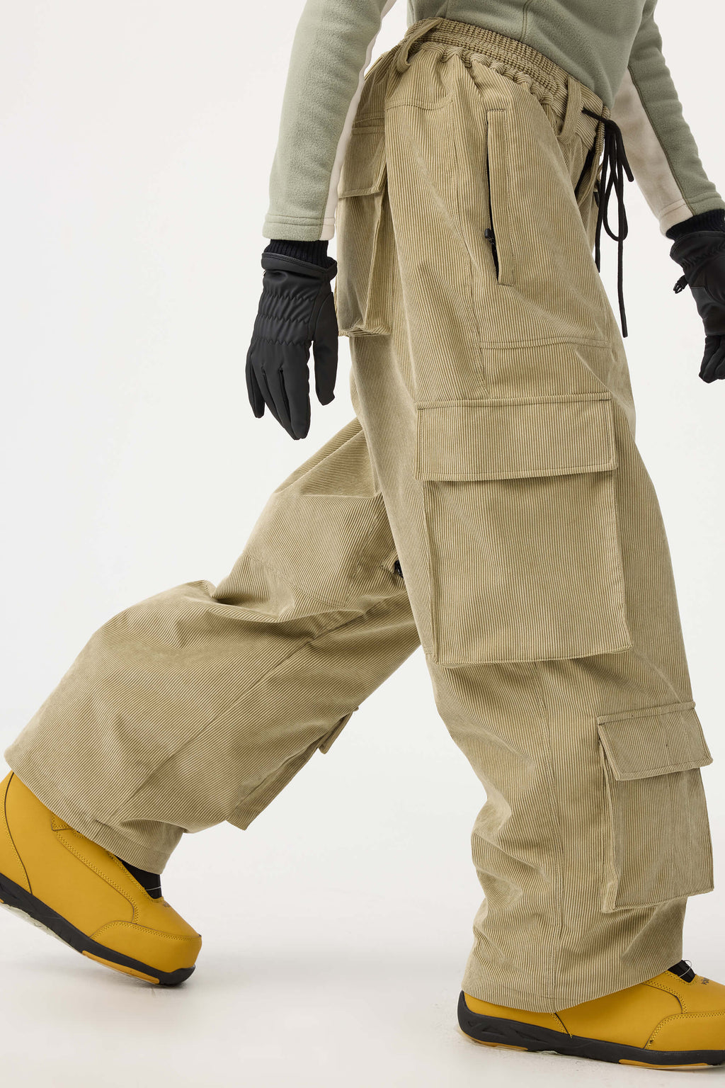 Women's Khaki Baggy Multi-Pocket Ski Pants Corduroy Snow Pants