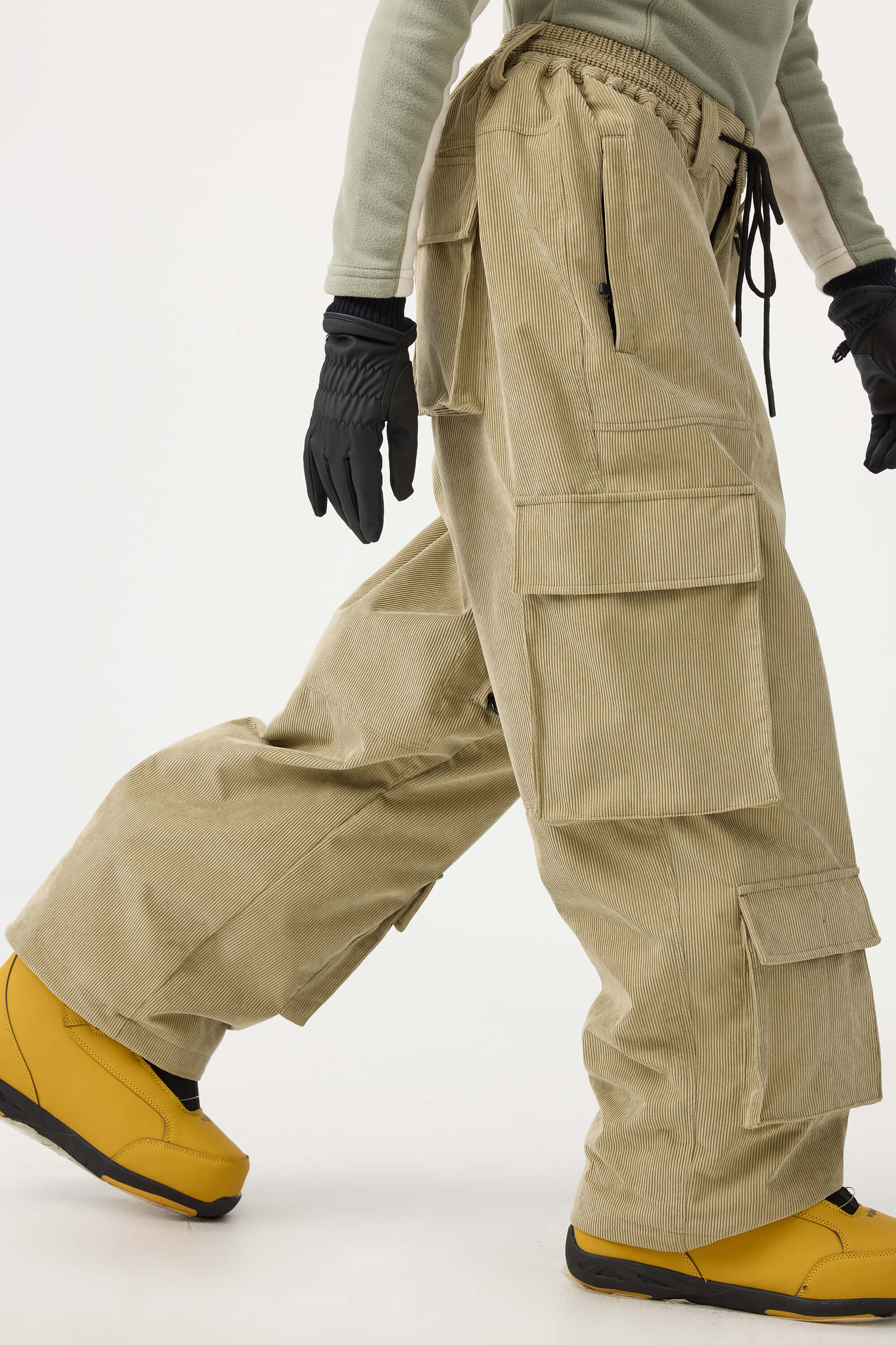 Women's Khaki Baggy Multi-Pocket Ski Pants Corduroy Snow Pants