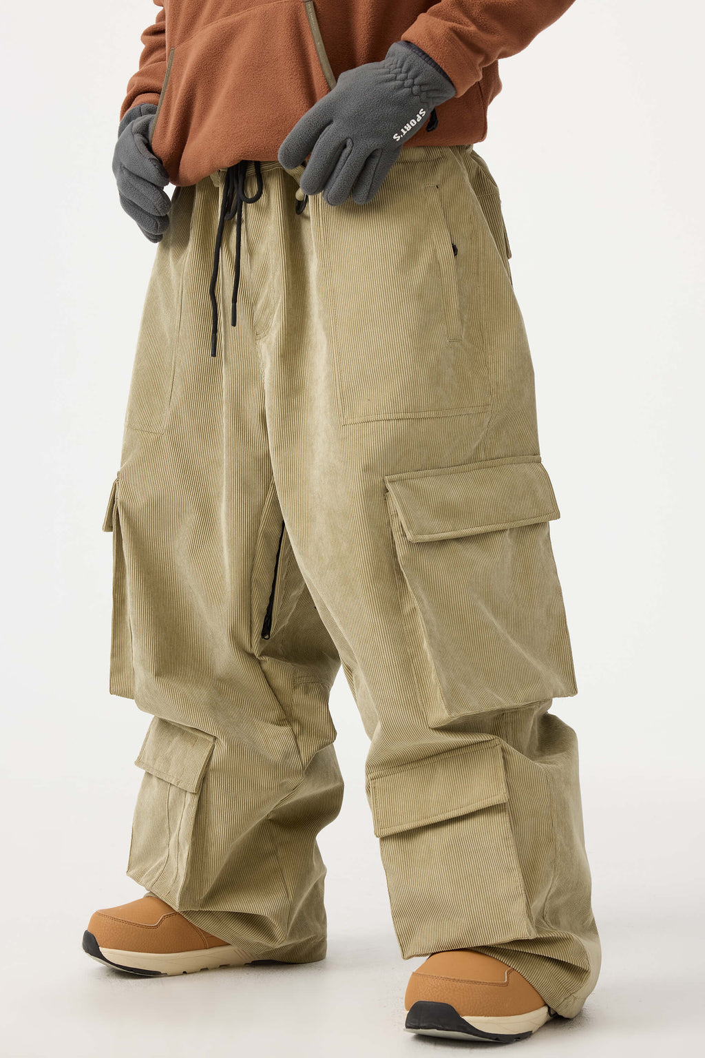Men's Khaki Baggy Multi-Pocket Ski Pants Corduroy Snow Pants